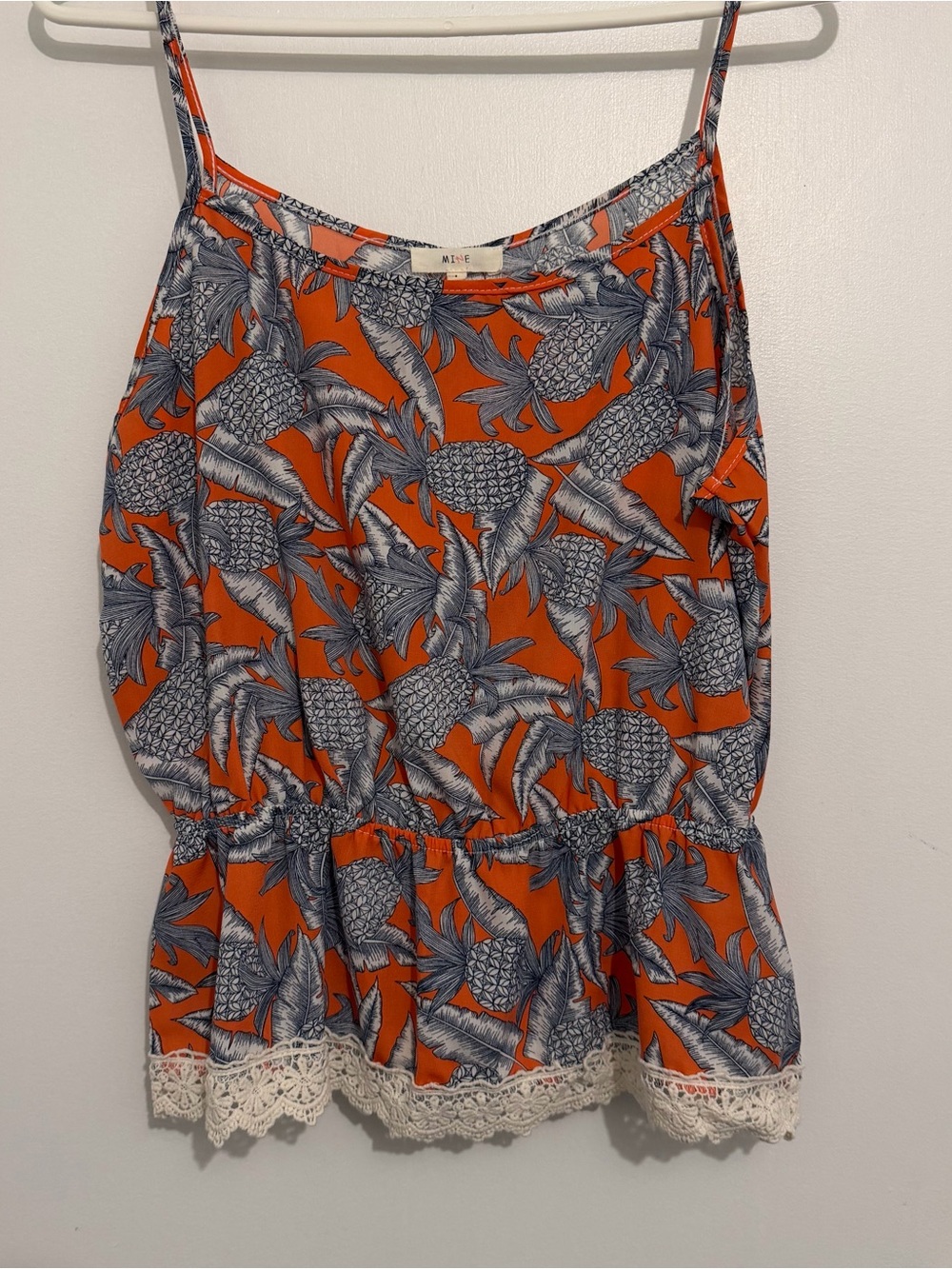 Mine - Orange and Navy Pineapple Print Lace Trim Tank